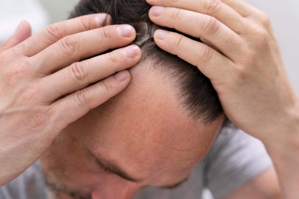 Homem verifica se o seu cabelo tem problemas de calvície