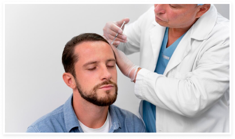 homem fazendo um transplante de cabelo com um médico